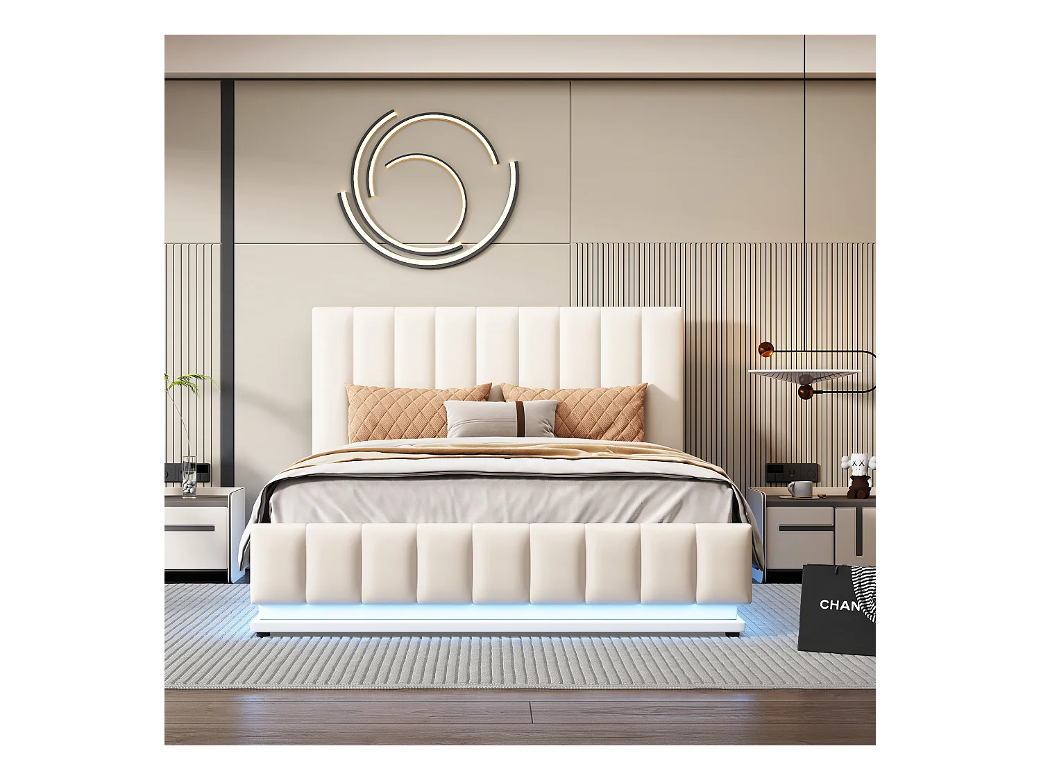 Lit double 140x200cm avec LED, sommier métal, rangement hydraulique, tête réglable, simili cuir blanc (203x145x114cm)