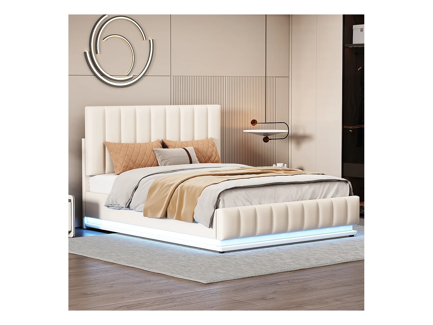 Lit double 140x200cm avec LED, sommier métal, rangement hydraulique, tête réglable, simili cuir blanc (203x145x114cm)