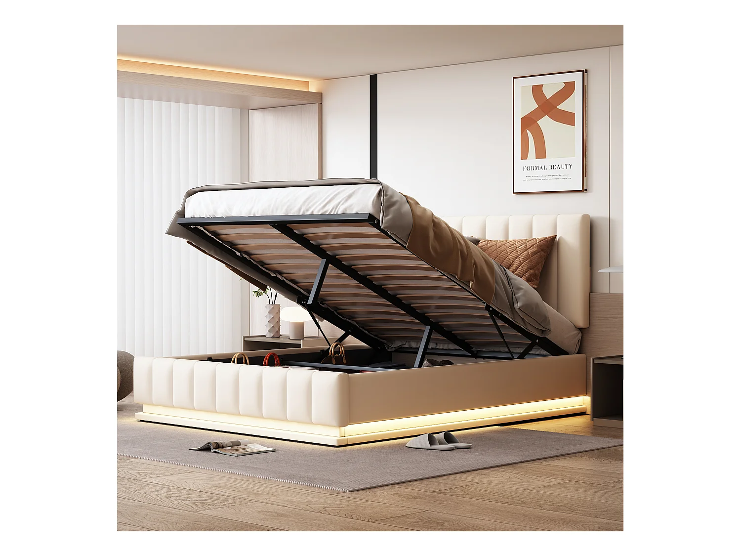 Lit double 140x200cm avec LED, sommier métal, rangement hydraulique, tête réglable, simili cuir blanc (203x145x114cm)