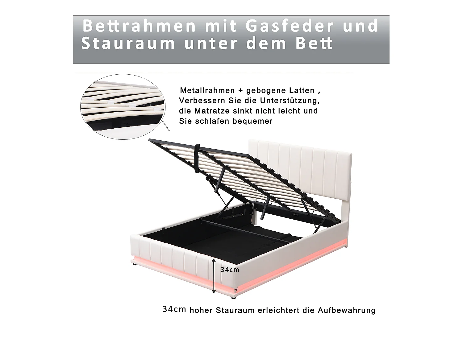 Lit double 140x200cm avec LED, sommier métal, rangement hydraulique, tête réglable, simili cuir blanc (203x145x114cm)