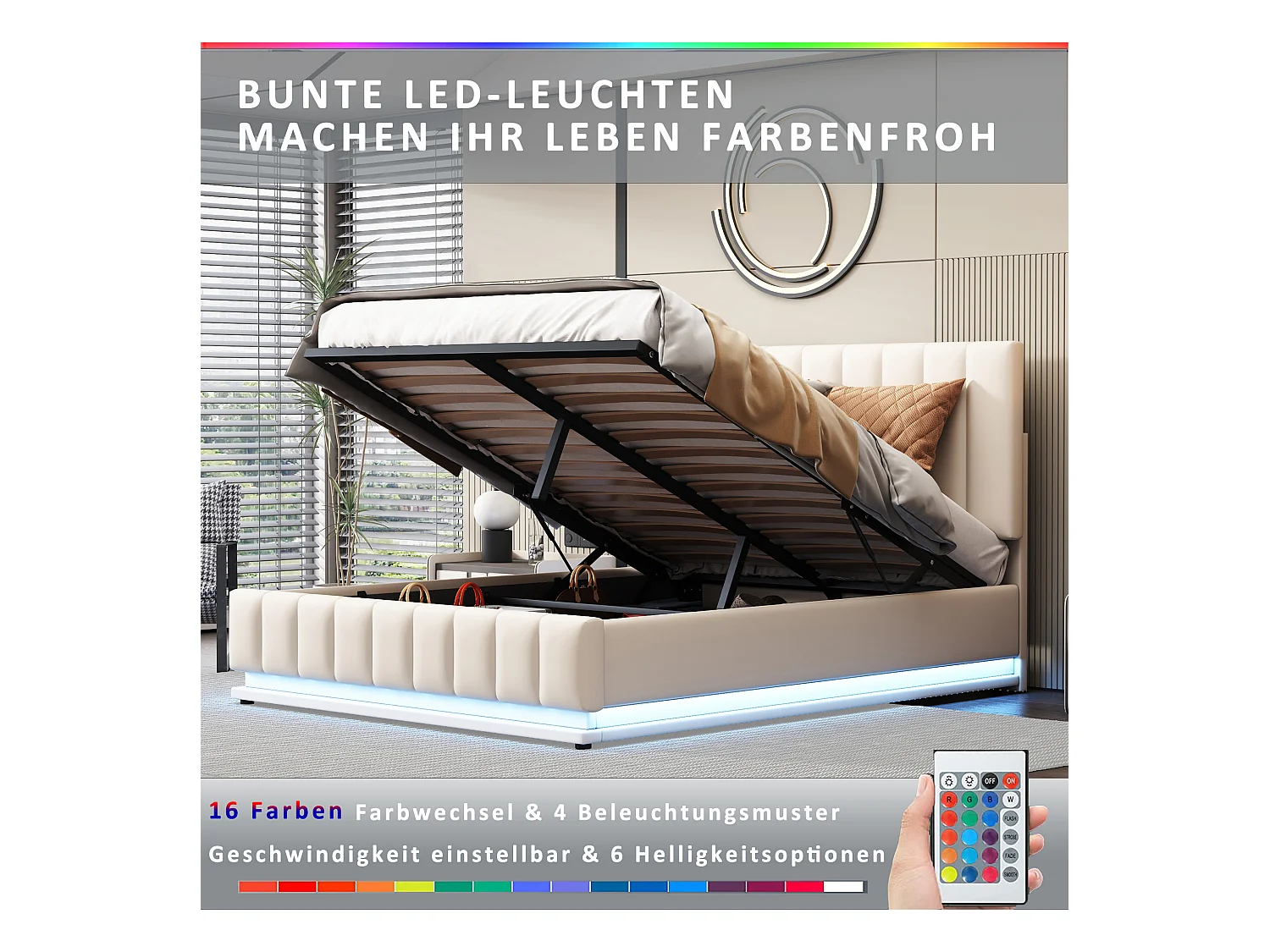 Lit double 140x200cm avec LED, sommier métal, rangement hydraulique, tête réglable, simili cuir blanc (203x145x114cm)