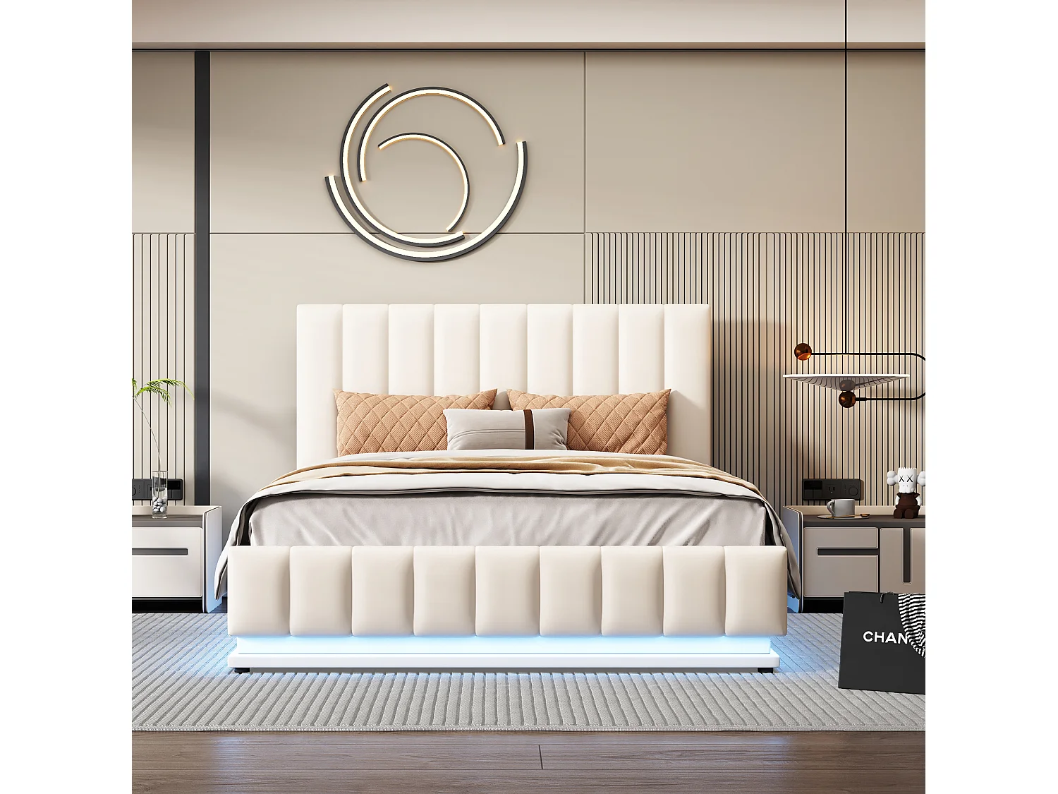 Lit double 140x200cm avec LED, sommier métal, rangement hydraulique, tête réglable, simili cuir blanc (203x145x114cm)