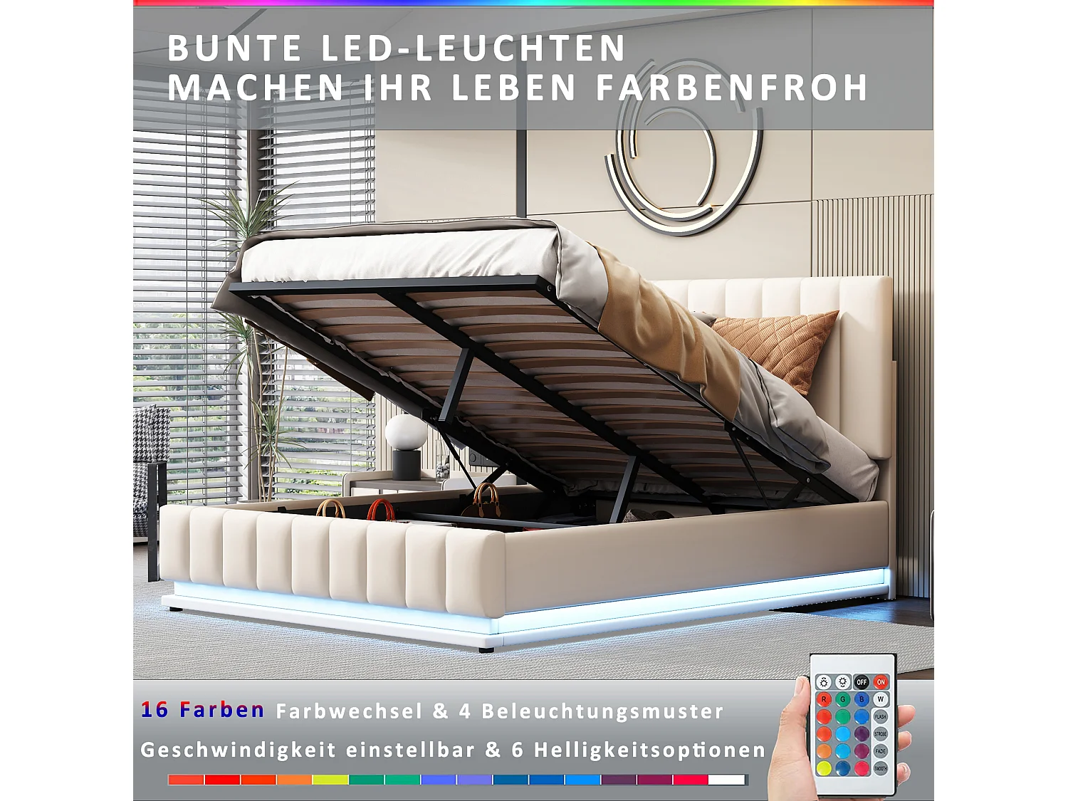 Lit double 140x200cm avec LED, sommier métal, rangement hydraulique, tête réglable, simili cuir blanc (203x145x114cm)