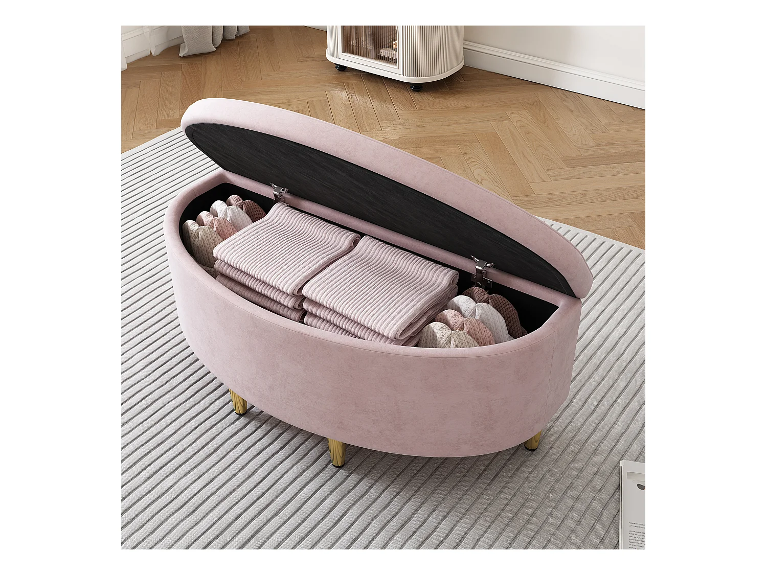 Panca contenitore in velluto con contenitore e gambe in metallo, ideale per ingresso, soggiorno o camera da letto, rosa (90x40x42 cm)