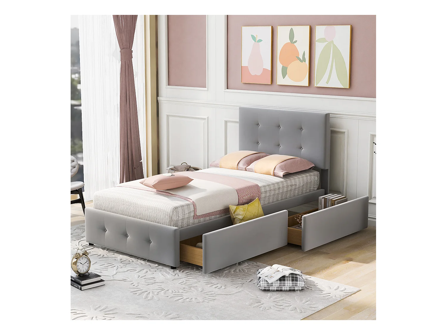 Letto 90x200 cm con ripiano in legno, testiera e pediera, 2 cassetti, tessuto di lino morbido, grigio (210x97x106 cm)