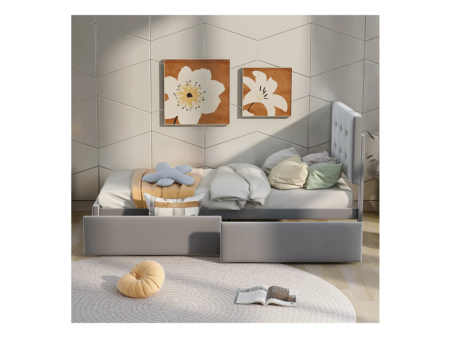 Letto 90x200 cm con ripiano in legno, testiera e pediera, 2 cassetti, tessuto di lino morbido, grigio (210x97x106 cm)