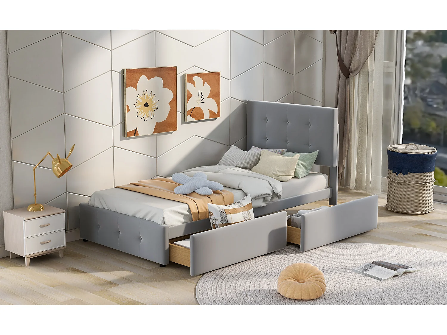 Letto 90x200 cm con ripiano in legno, testiera e pediera, 2 cassetti, tessuto di lino morbido, grigio (210x97x106 cm)