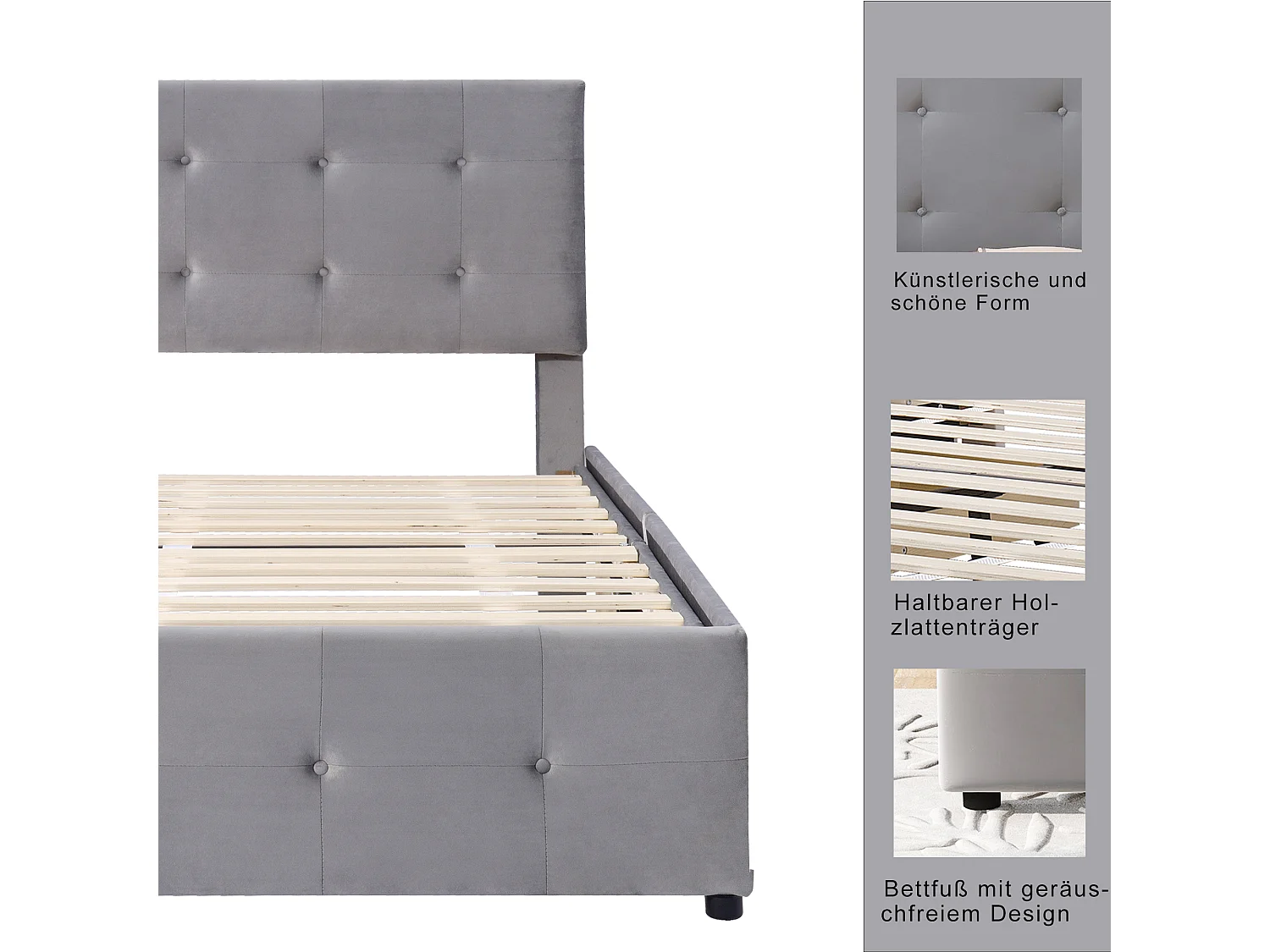 Letto 90x200 cm con ripiano in legno, testiera e pediera, 2 cassetti, tessuto di lino morbido, grigio (210x97x106 cm)