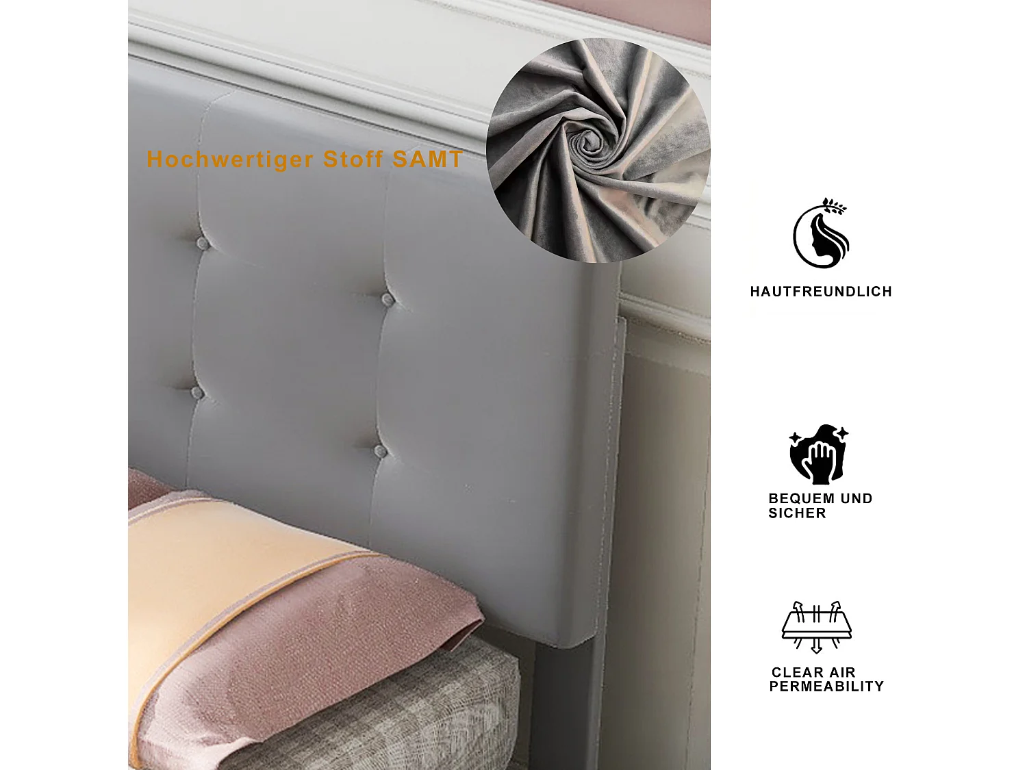 Letto 90x200 cm con ripiano in legno, testiera e pediera, 2 cassetti, tessuto di lino morbido, grigio (210x97x106 cm)