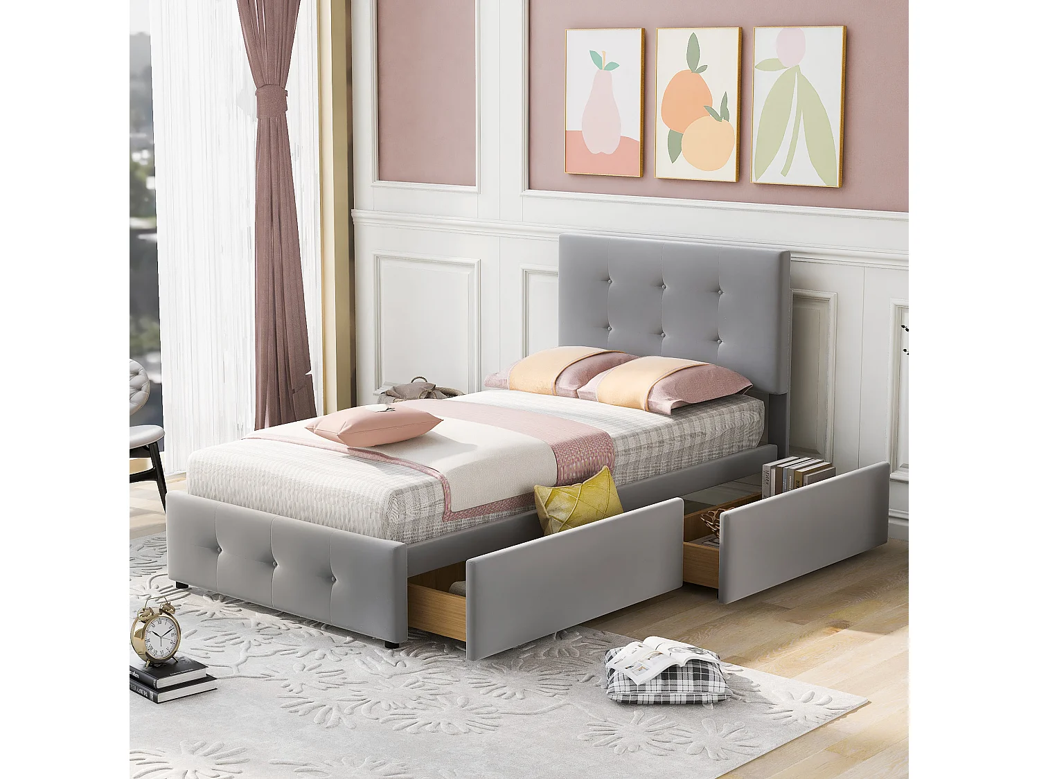 Cama de 90x200 cm con Lattenrost, cabecero y piecero, 2 cajones, tejido de lino suave, gris (210x97x106 cm)