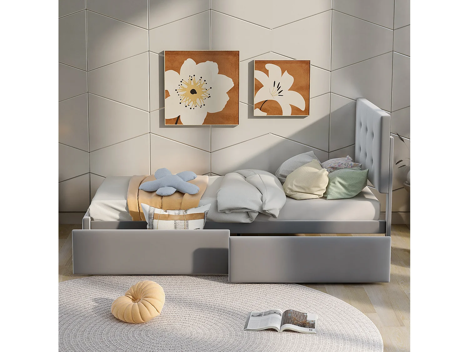 Cama de 90x200 cm con Lattenrost, cabecero y piecero, 2 cajones, tejido de lino suave, gris (210x97x106 cm)