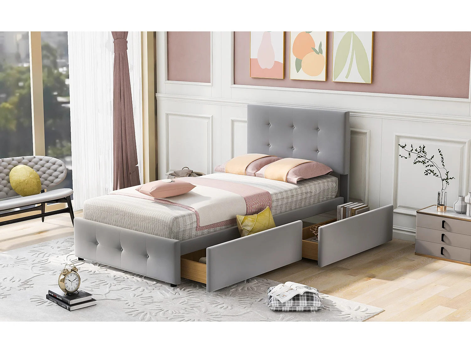 Cama de 90x200 cm con Lattenrost, cabecero y piecero, 2 cajones, tejido de lino suave, gris (210x97x106 cm)