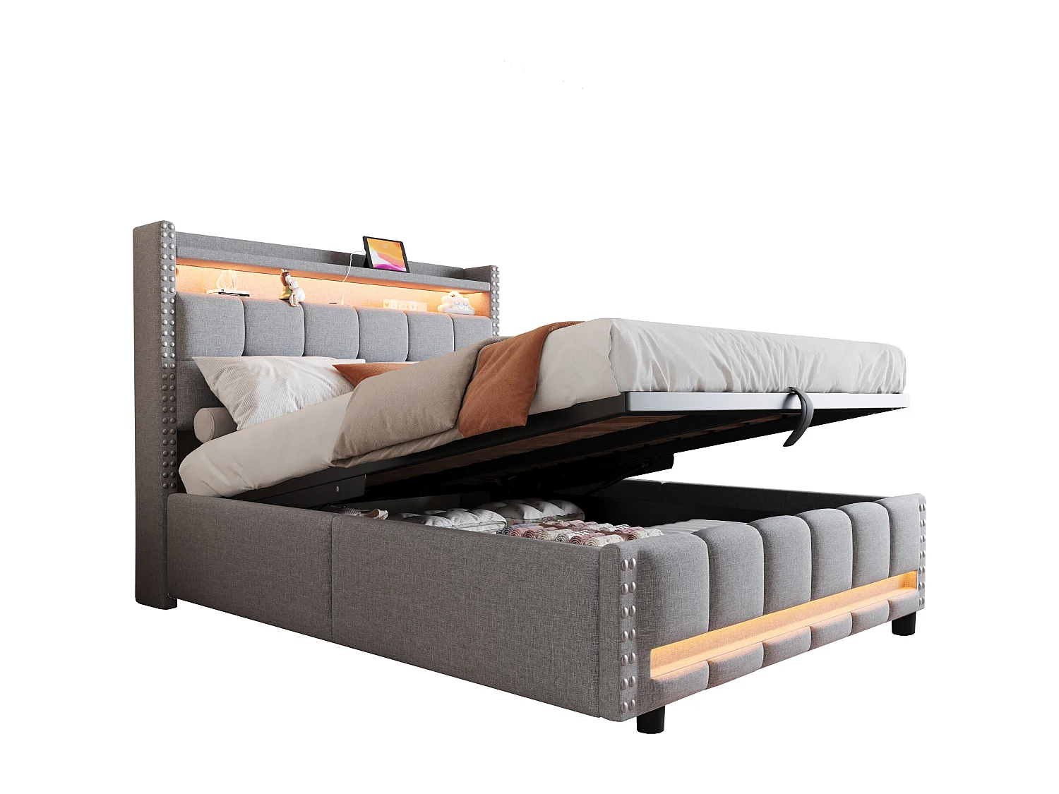 Lit tapissé 140x200 cm avec LED, prise USB, rangements intégrés et système hydraulique, tissu lin gris clair (225x152x115 cm)