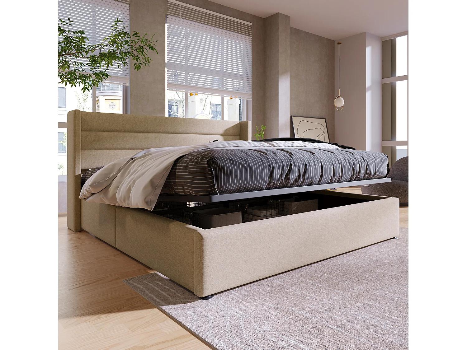 Letto con contenitore idraulico, imbottito 140x200 cm, testiera regolabile, lino beige (dimensioni: 214,5x153,5x114 cm)