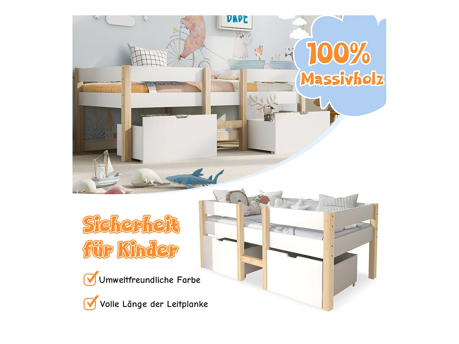 Lit enfant avec tiroir et protection anti-chute, pin massif, blanc et chêne (208x97x77cm)