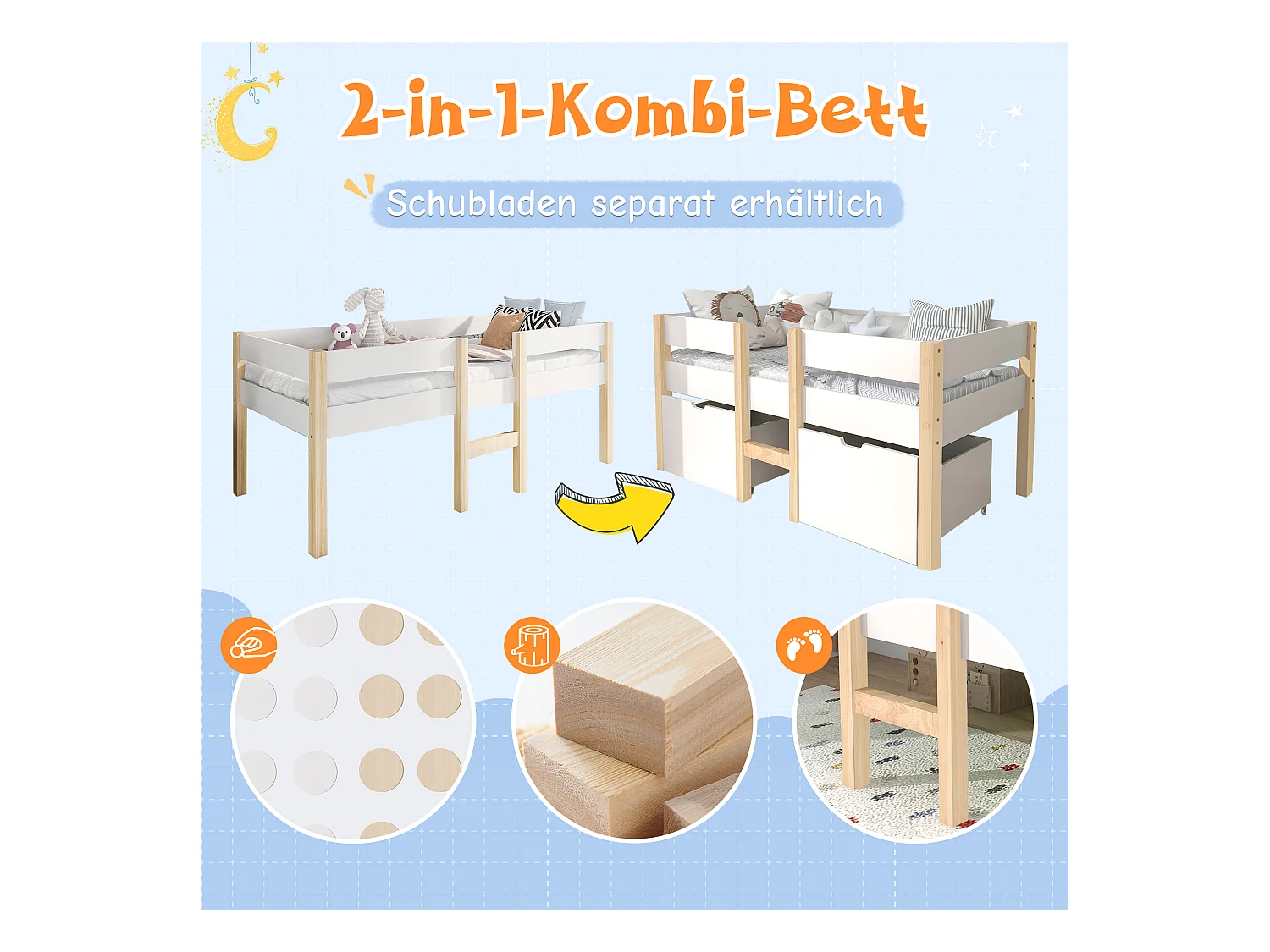 Lit enfant avec tiroir et protection anti-chute, pin massif, blanc et chêne (208x97x77cm)