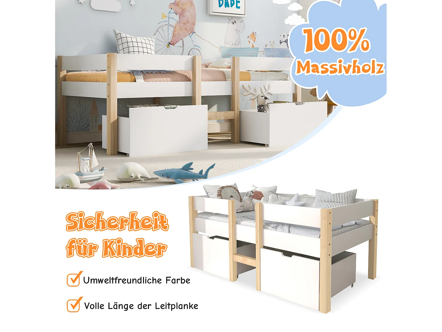 Letto per bambini con cassetto e protezione anticaduta, pino massiccio, bianco e rovere (208x97x77cm)