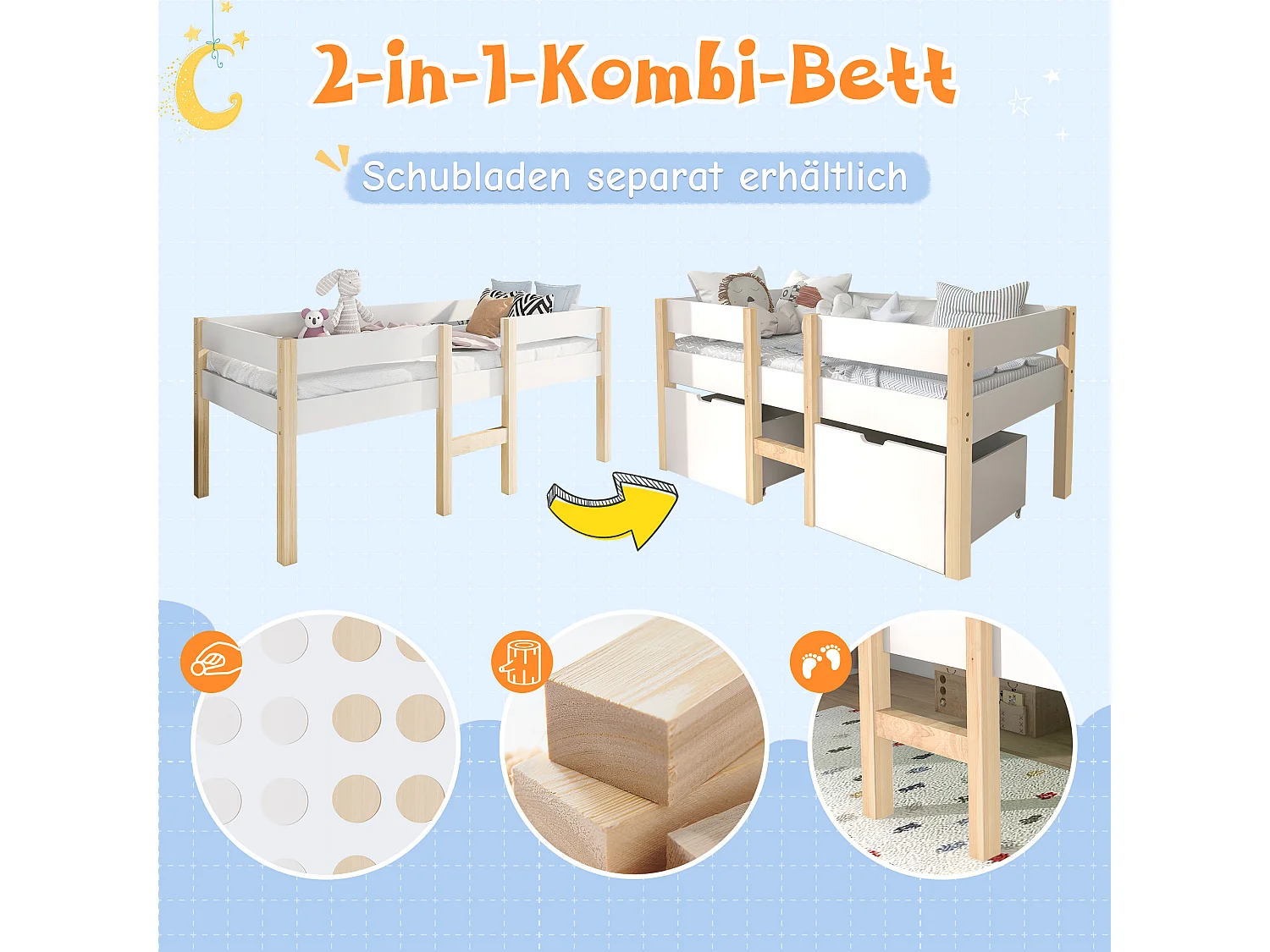 Letto per bambini con cassetto e protezione anticaduta, pino massiccio, bianco e rovere (208x97x77cm)