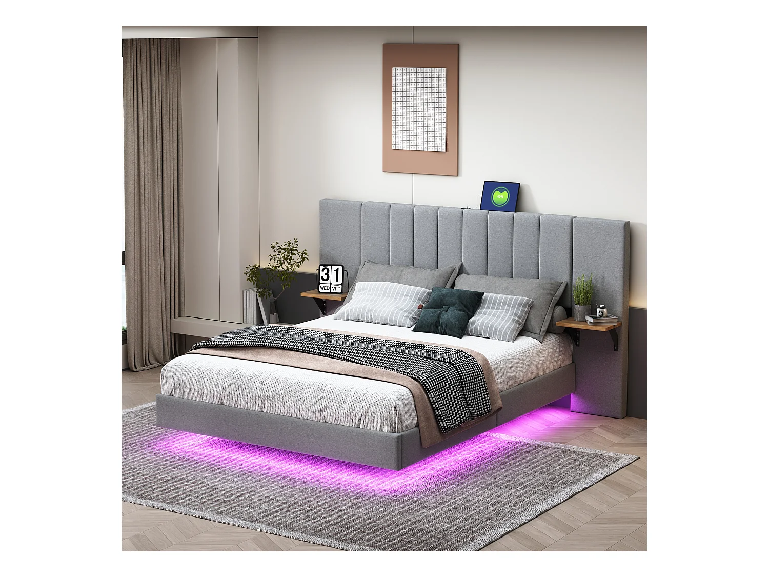 Lit tapissé 140x200 cm, tête de lit agrandie, rangement latéral, éclairage LED, port USB, tissu lin gris (210x202x108 cm)