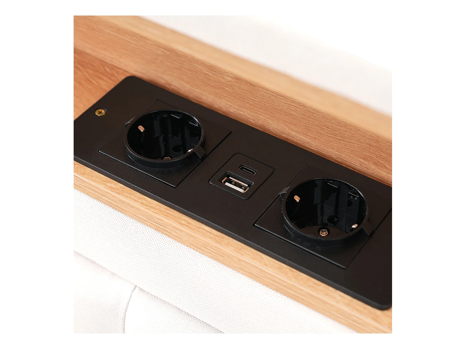 Lit double avec 4 tiroirs et prise USB-C, sommier bois, lin beige/gris (163x204x92-104cm)