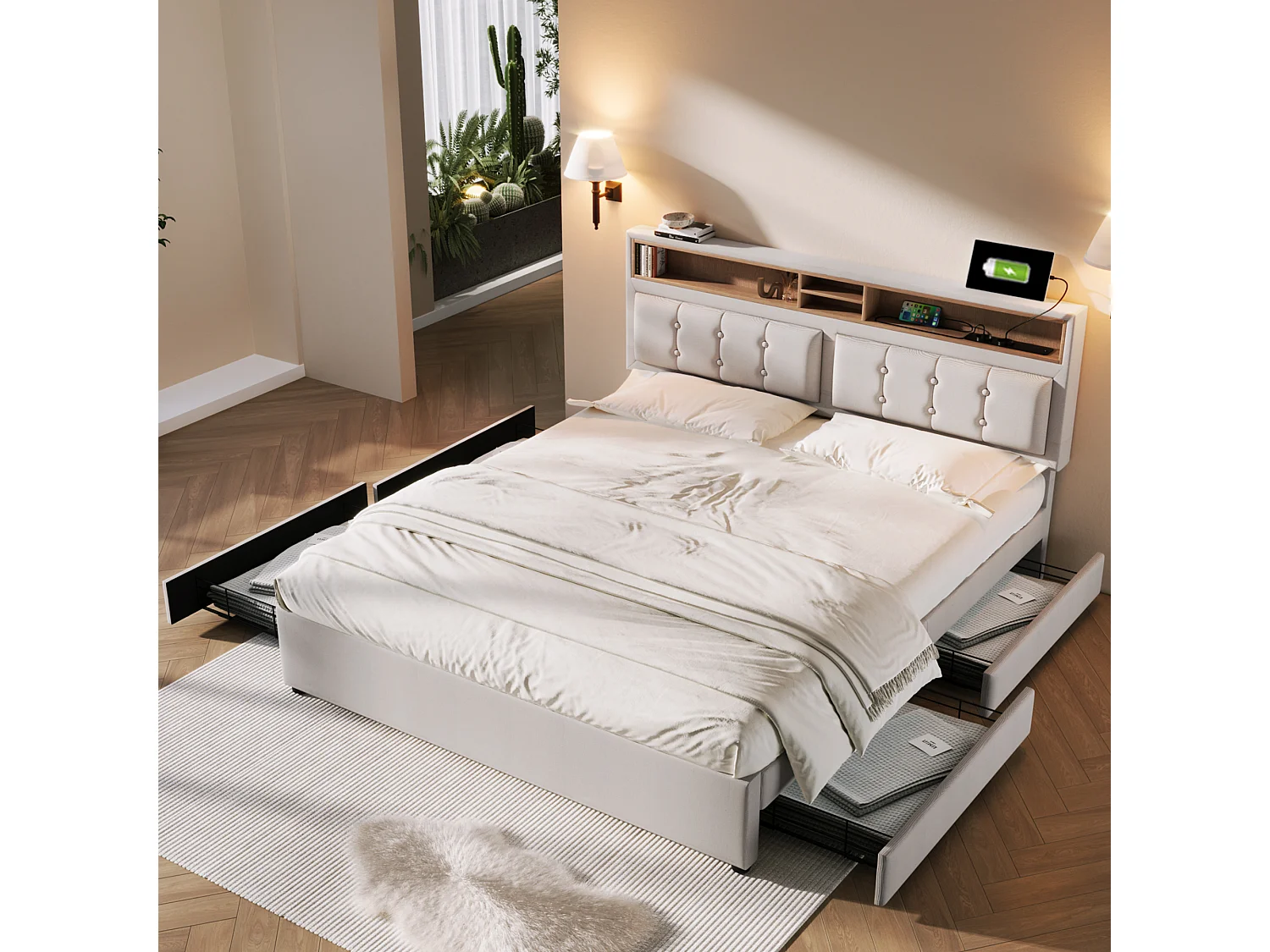 Lit double avec 4 tiroirs et prise USB-C, sommier bois, lin beige/gris (163x204x92-104cm)