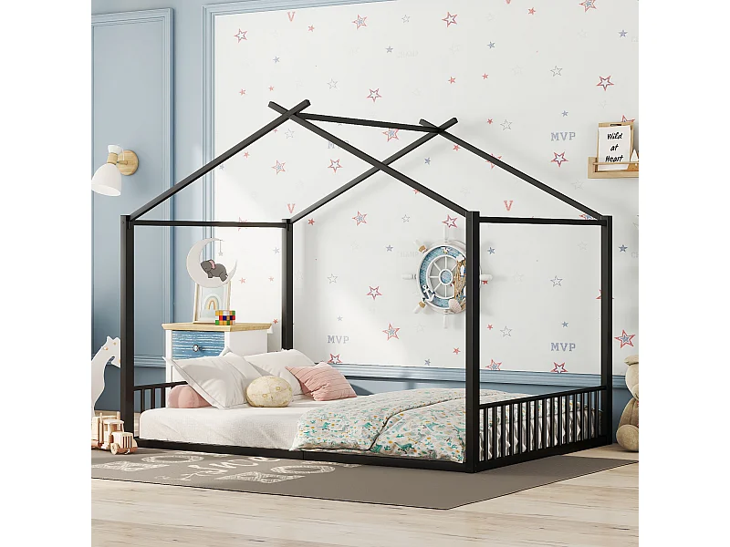 Lit enfant 140x200 cm, lit avec cadre métallique, design maison, noir (205x147x165 cm)