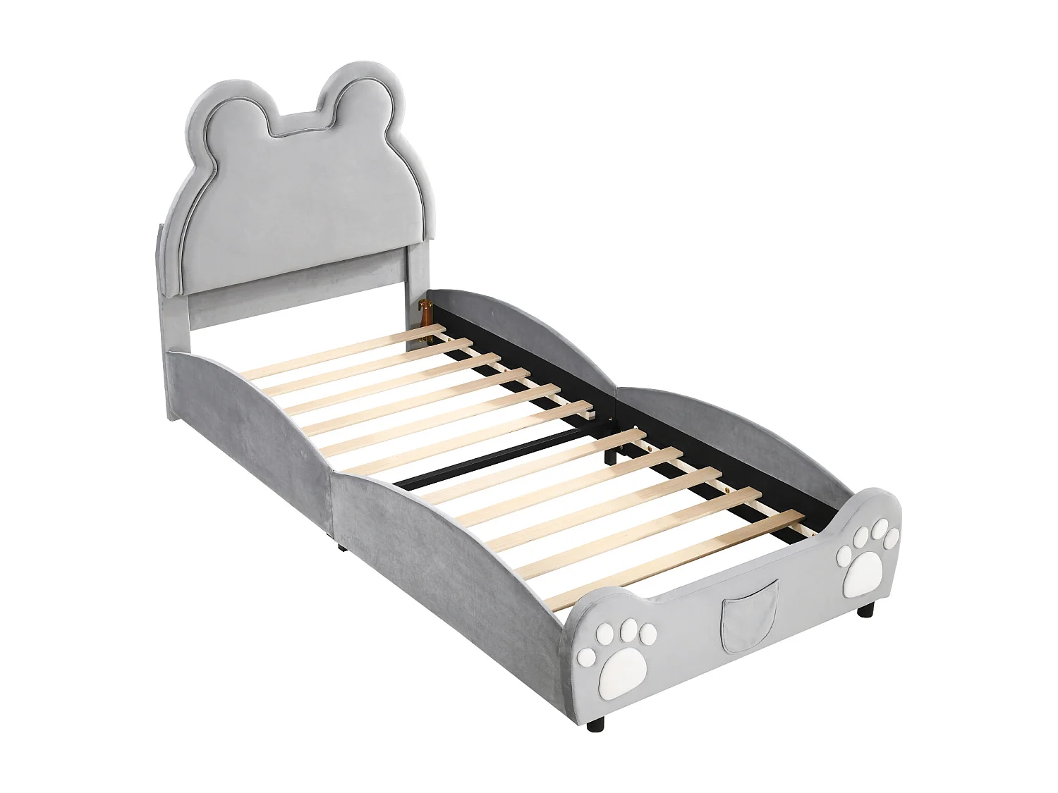 Gestoffeerd kinderbed in de vorm van een beer, grijs fluweel, comfortabel en leuk (210x90x103 cm)