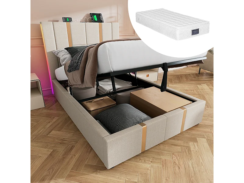 Letto singolo 90\200 cm, beige lino, con contenitore idraulico, testiera USB Type-C e LED controllabile tramite APP (con materasso)