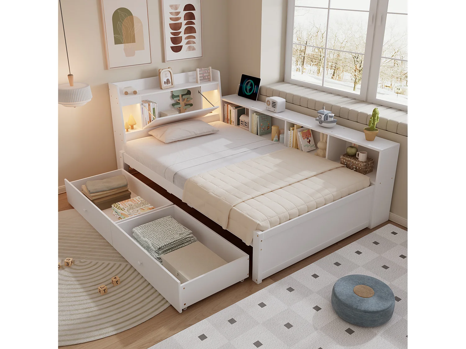 Lit simple avec tête de lit avec rangement, 2 lampes, prise de chargement, armoires latérales et tiroirs, Pin + Panneau de particules + MDF, Blanc (220.5x113x80 cm)