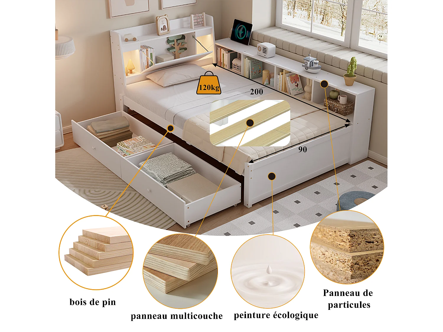 Lit simple avec tête de lit avec rangement, 2 lampes, prise de chargement, armoires latérales et tiroirs, Pin + Panneau de particules + MDF, Blanc (220.5x113x80 cm)