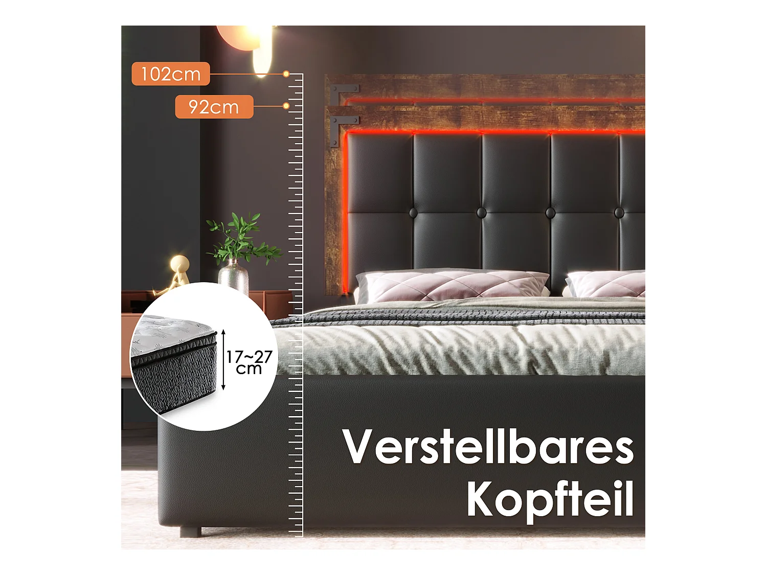 Tweepersoonsbed 140x200 cm met LED, 4 lades en verstelbaar hoofdeinde, zwart PU (207x147,5x92-102 cm)