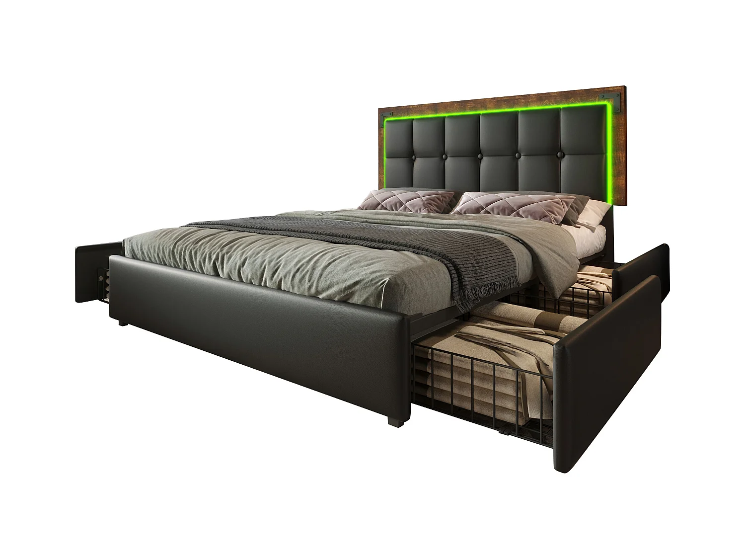 Tweepersoonsbed 140x200 cm met LED, 4 lades en verstelbaar hoofdeinde, zwart PU (207x147,5x92-102 cm)