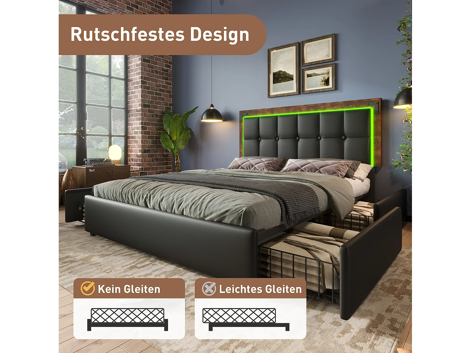 Tweepersoonsbed 140x200 cm met LED, 4 lades en verstelbaar hoofdeinde, zwart PU (207x147,5x92-102 cm)