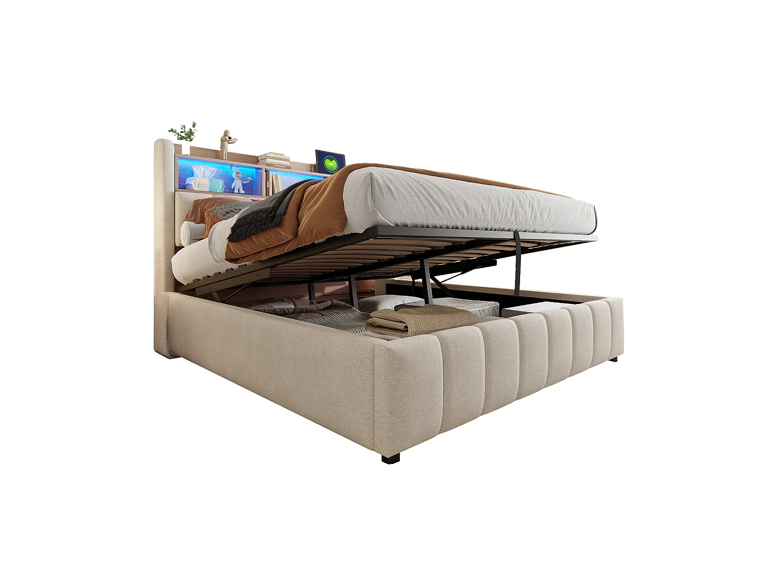 Bed 180x200 cm met LED, USB-aansluiting, hoofdbord met planken en opbergruimte, hydraulisch opbergsysteem, beige linnen stof (215x180x110 cm)