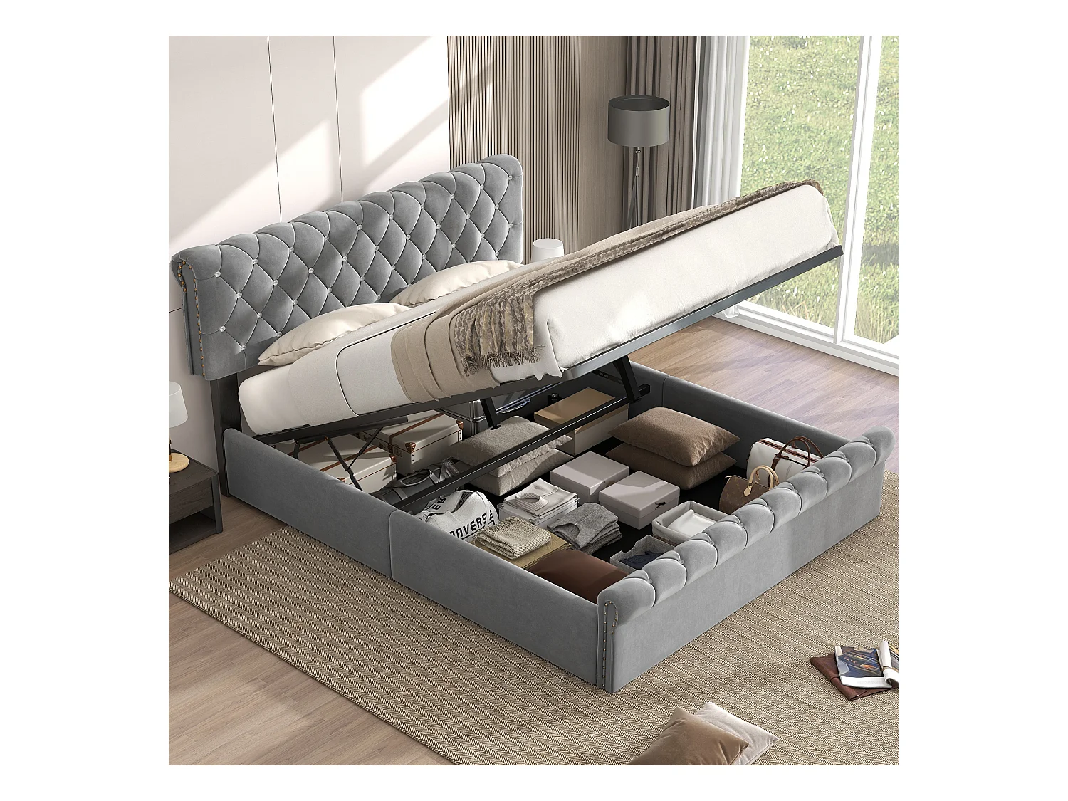Letto imbottito 180x200 cm con rete a doghe, funzione idraulica, contenitore, cristallo decorativo, testiera regolabile in altezza, grigio