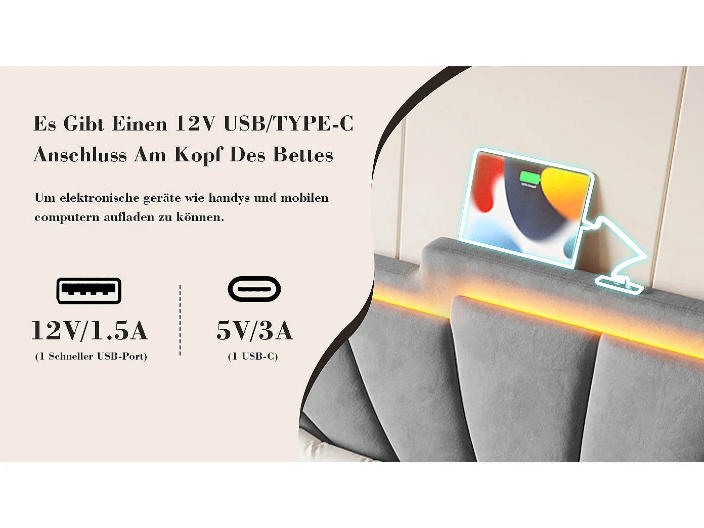 Lit moderne 140x200 cm avec tête de lit géométrique, LED, 2 tiroirs de rangement, ports USB Type-C, hauteur réglable (148.5x200x106 cm)