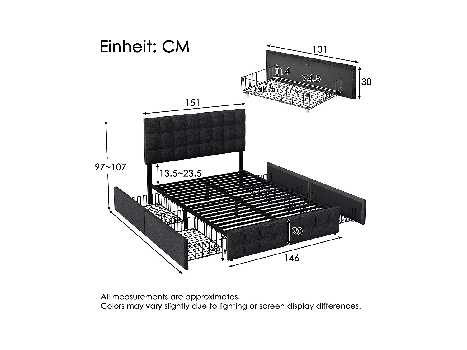 Letto con 4 cassetti contenitore, letto matrimoniale con rete a doghe, design moderno con testiera regolabile, tessuto in lino, nero (140x200 cm)