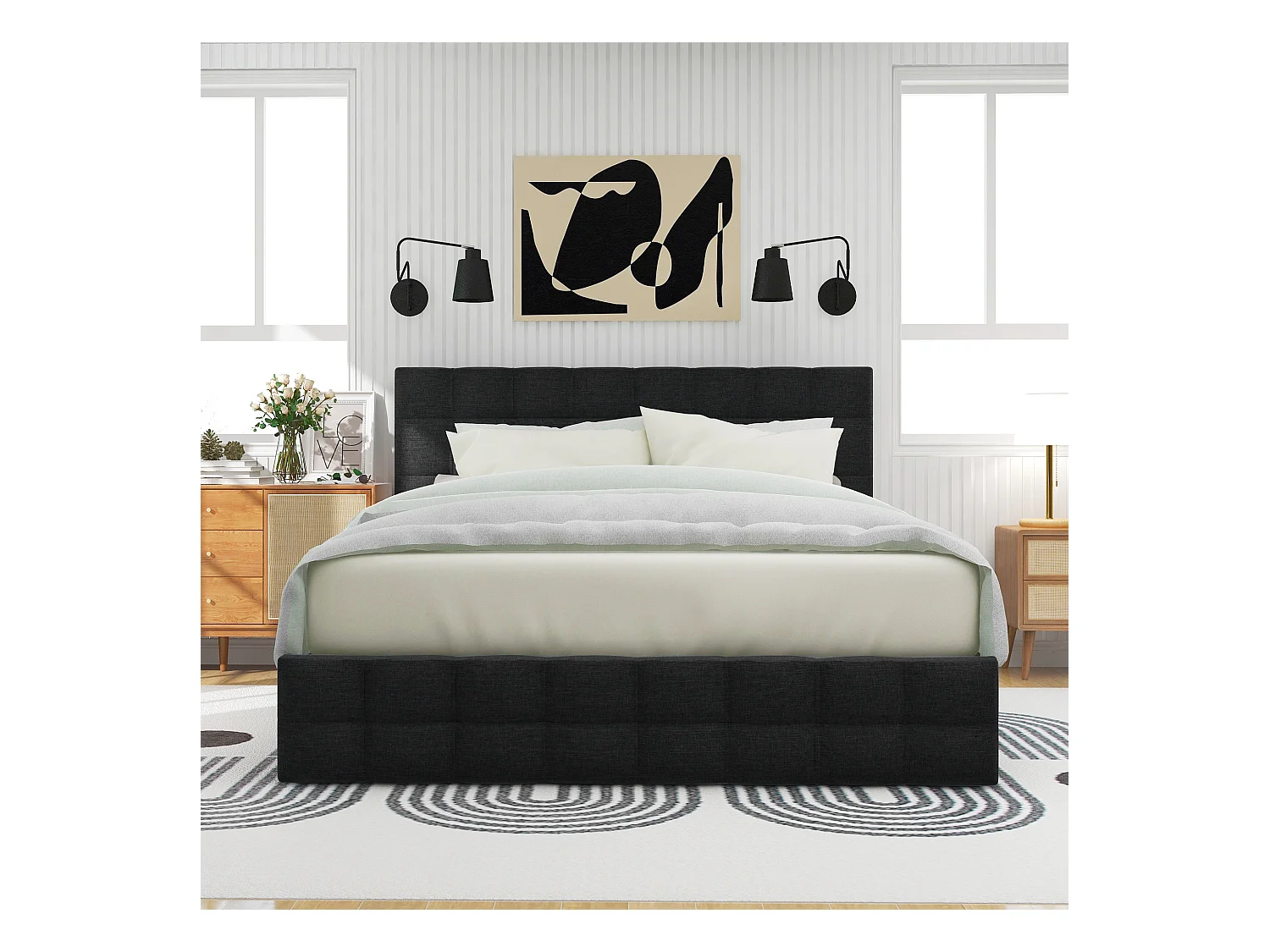 Letto con 4 cassetti contenitore, letto matrimoniale con rete a doghe, design moderno con testiera regolabile, tessuto in lino, nero (140x200 cm)