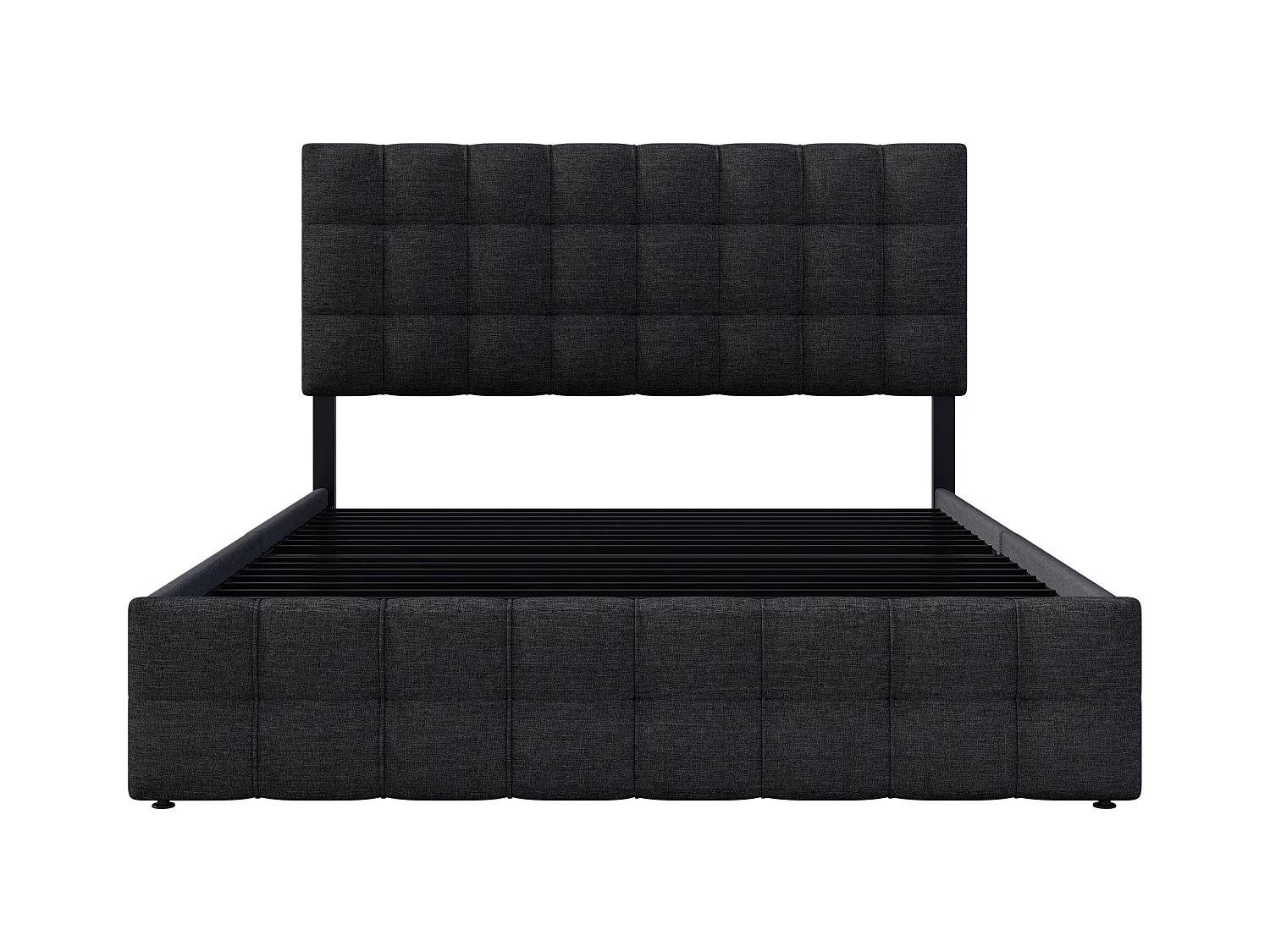 Letto con 4 cassetti contenitore, letto matrimoniale con rete a doghe, design moderno con testiera regolabile, tessuto in lino, nero (140x200 cm)