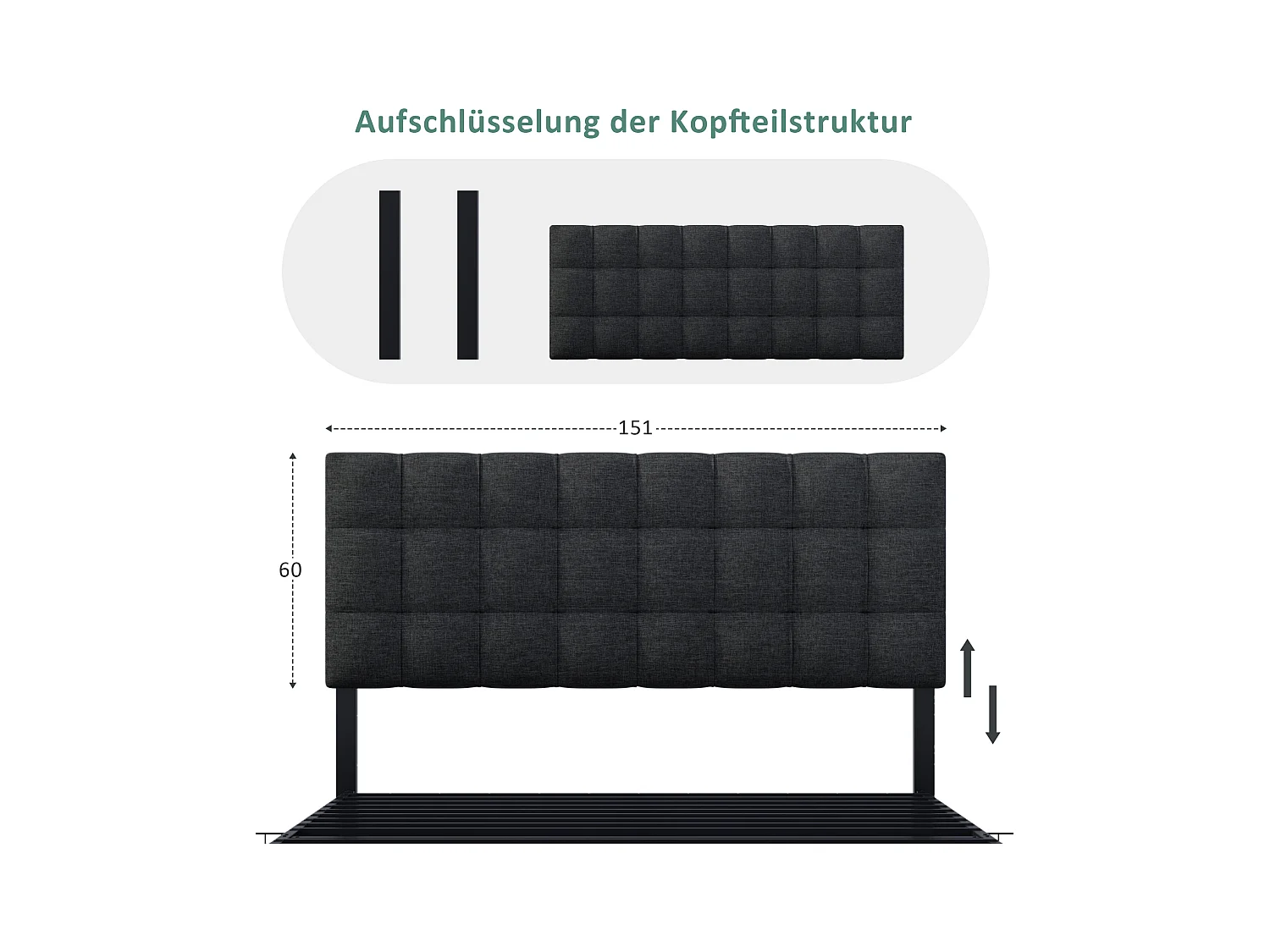 Letto con 4 cassetti contenitore, letto matrimoniale con rete a doghe, design moderno con testiera regolabile, tessuto in lino, nero (140x200 cm)