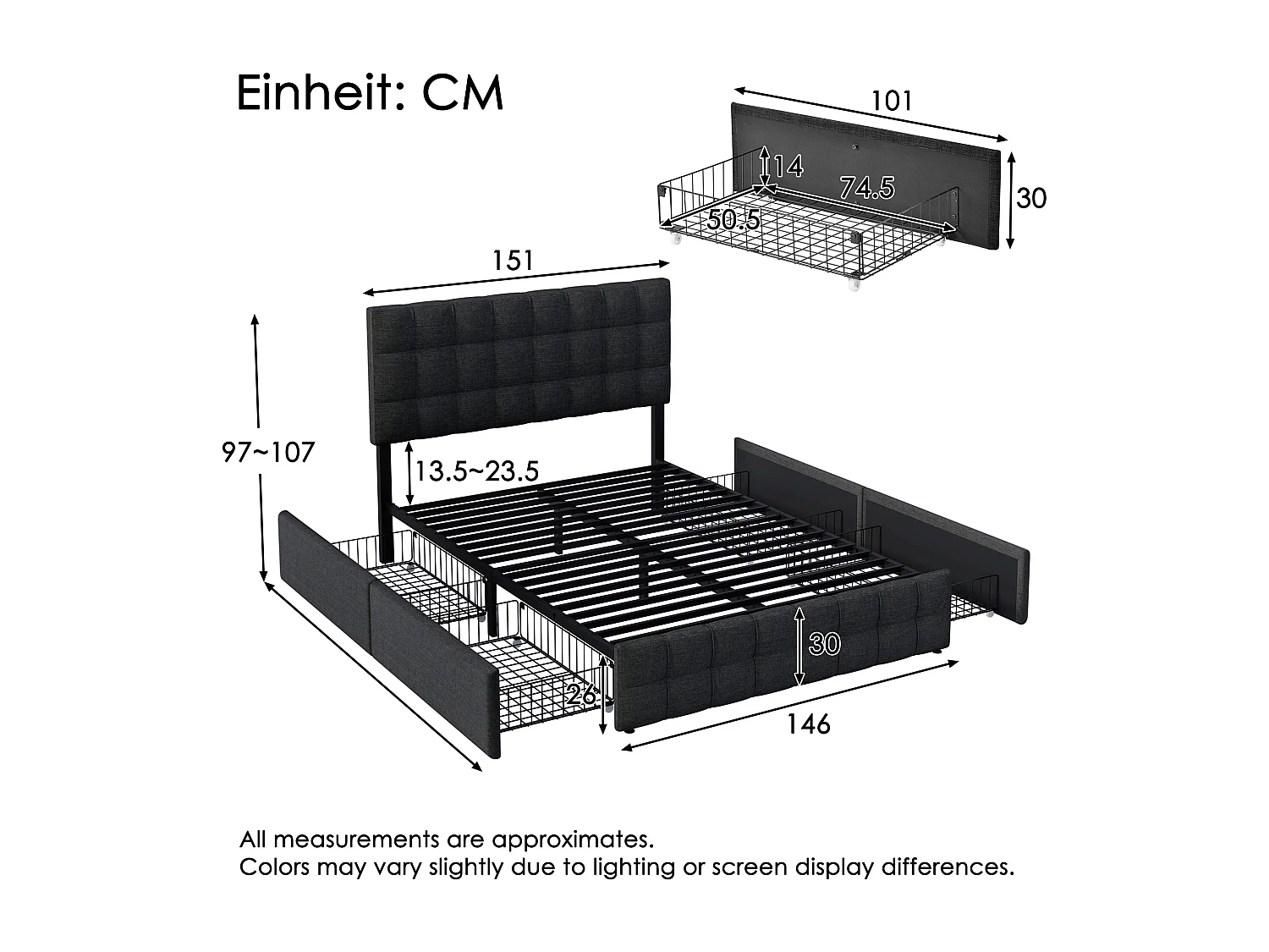Letto con 4 cassetti contenitore, letto matrimoniale con rete a doghe, design moderno con testiera regolabile, tessuto in lino, nero (140x200 cm)
