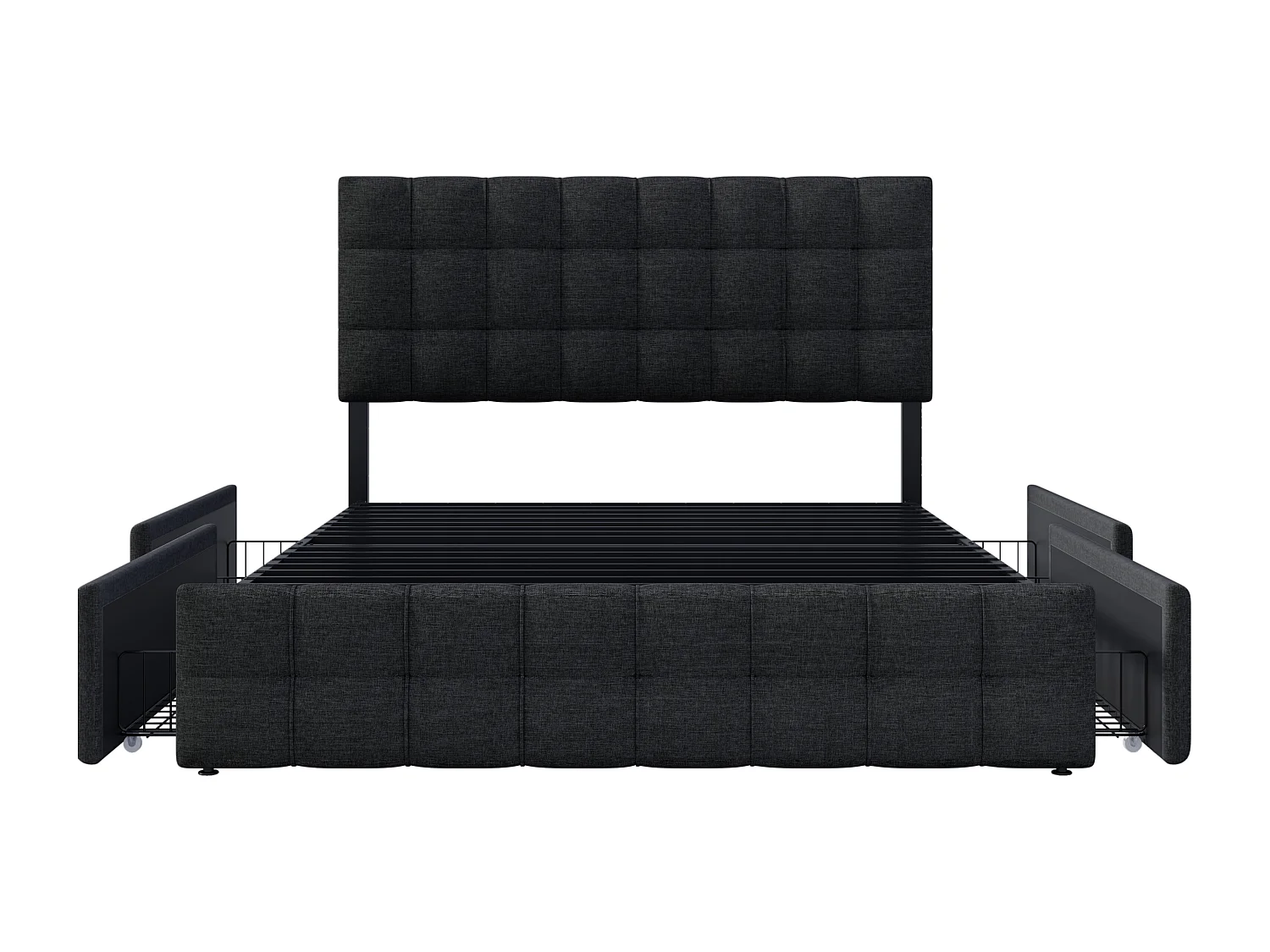 Letto con 4 cassetti contenitore, letto matrimoniale con rete a doghe, design moderno con testiera regolabile, tessuto in lino, nero (140x200 cm)