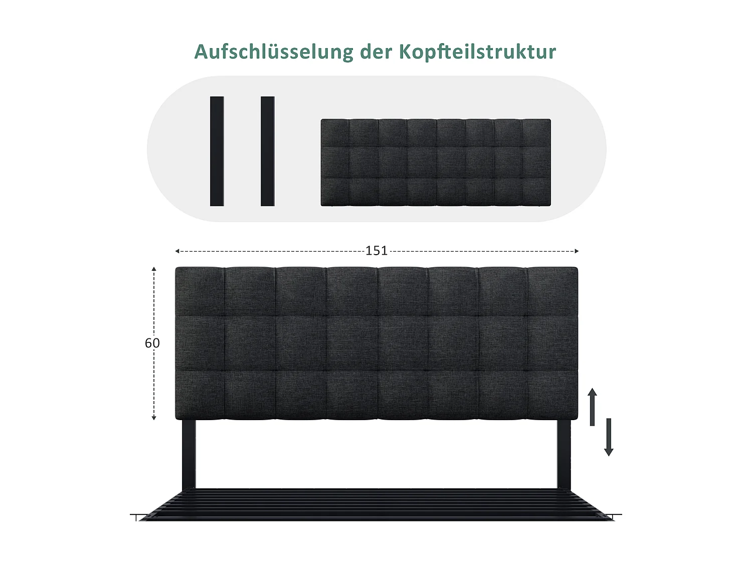 Letto con 4 cassetti contenitore, letto matrimoniale con rete a doghe, design moderno con testiera regolabile, tessuto in lino, nero (140x200 cm)