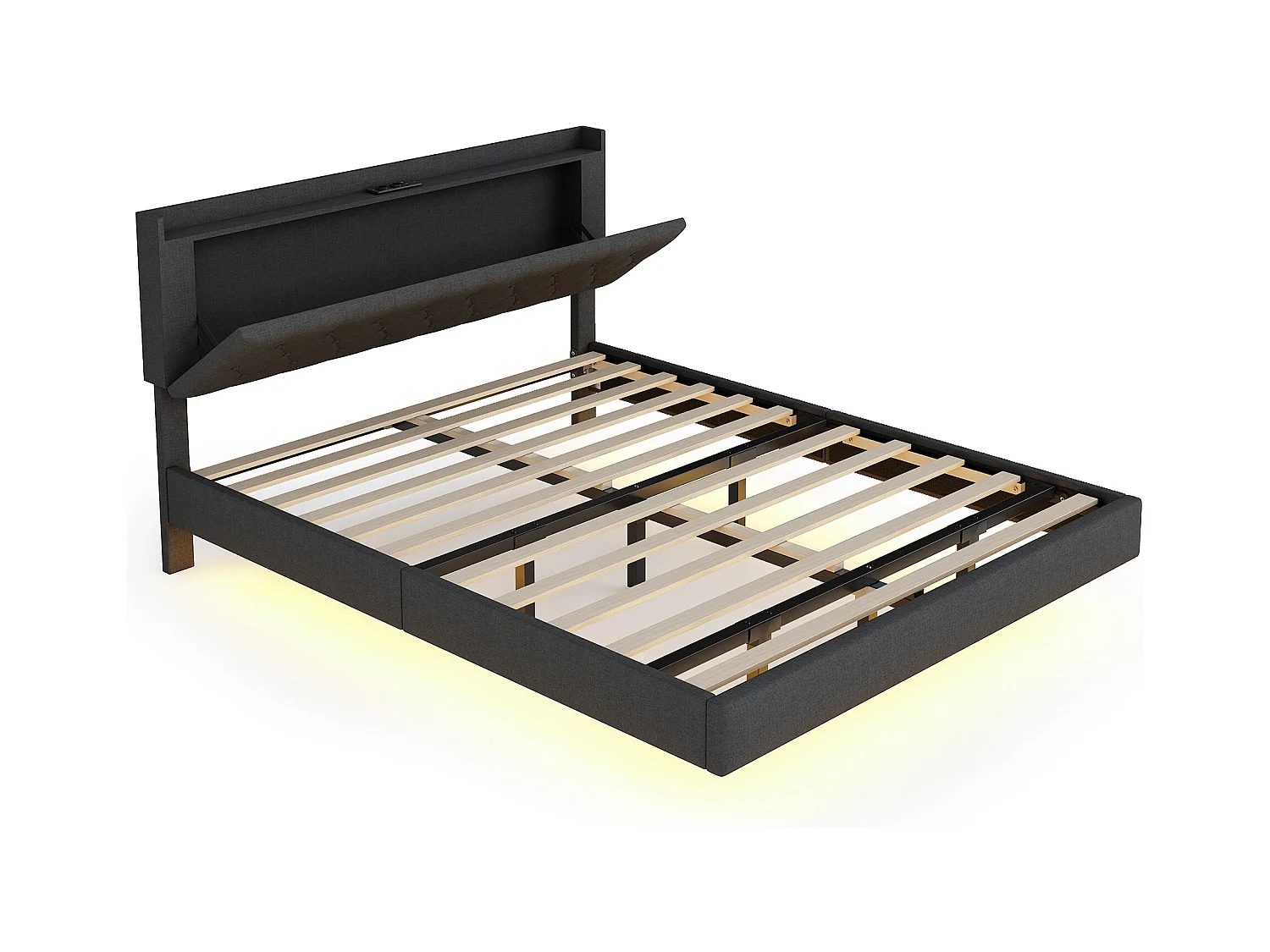 Lit 160x200cm avec USB et bande LED multicolore, lit double en lin gris avec sommier (203x164x100cm)