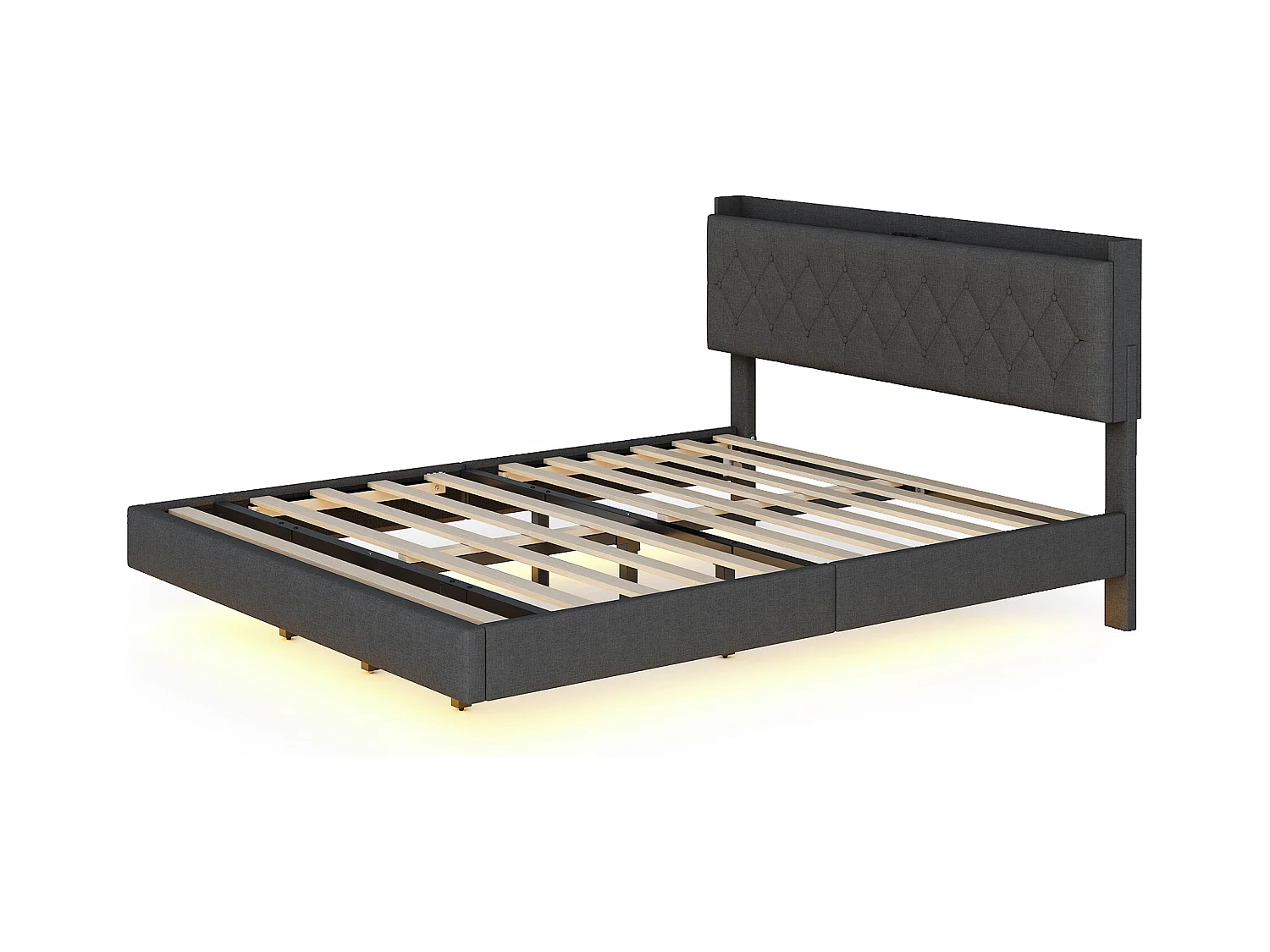 Lit 160x200cm avec USB et bande LED multicolore, lit double en lin gris avec sommier (203x164x100cm)