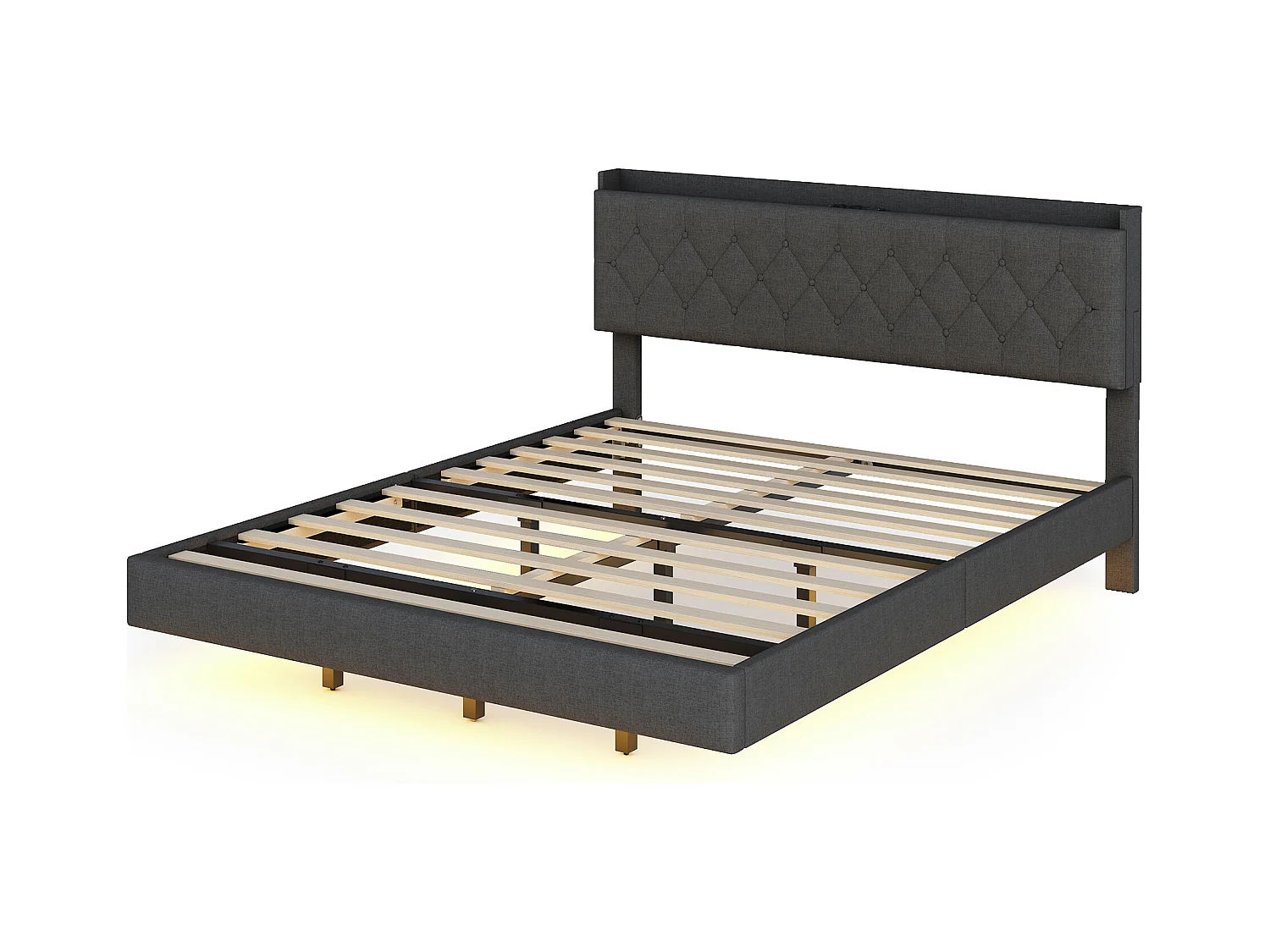 Lit 160x200cm avec USB et bande LED multicolore, lit double en lin gris avec sommier (203x164x100cm)