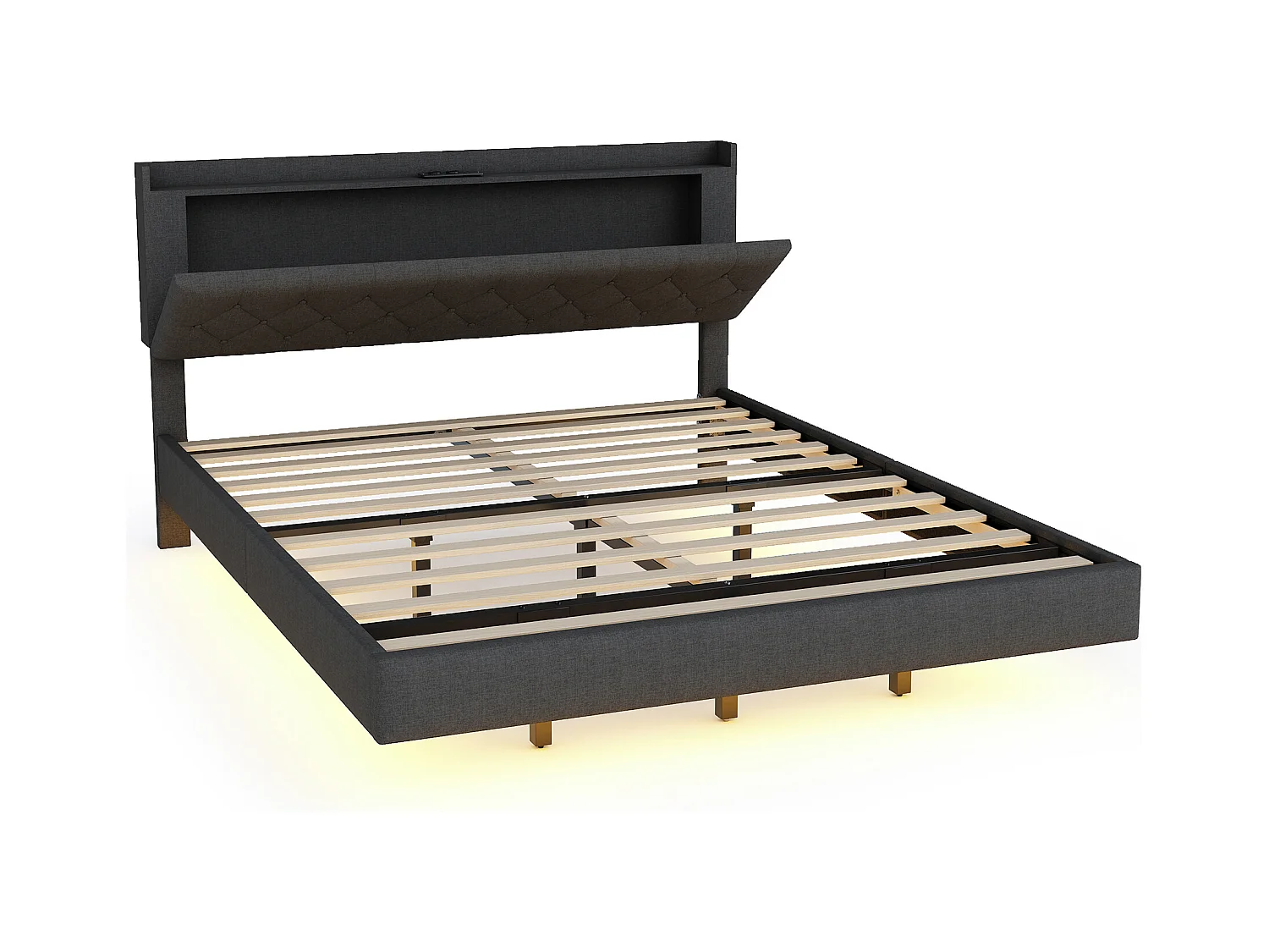 Lit 160x200cm avec USB et bande LED multicolore, lit double en lin gris avec sommier (203x164x100cm)