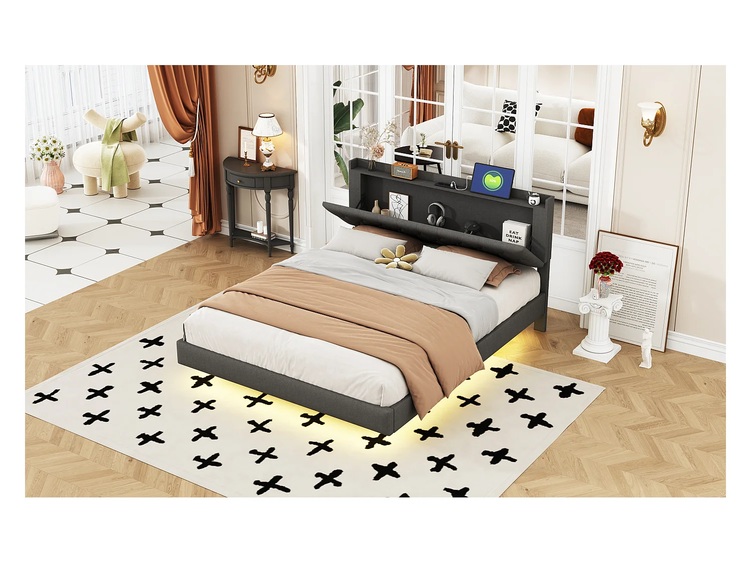 Lit 160x200cm avec USB et bande LED multicolore, lit double en lin gris avec sommier (203x164x100cm)