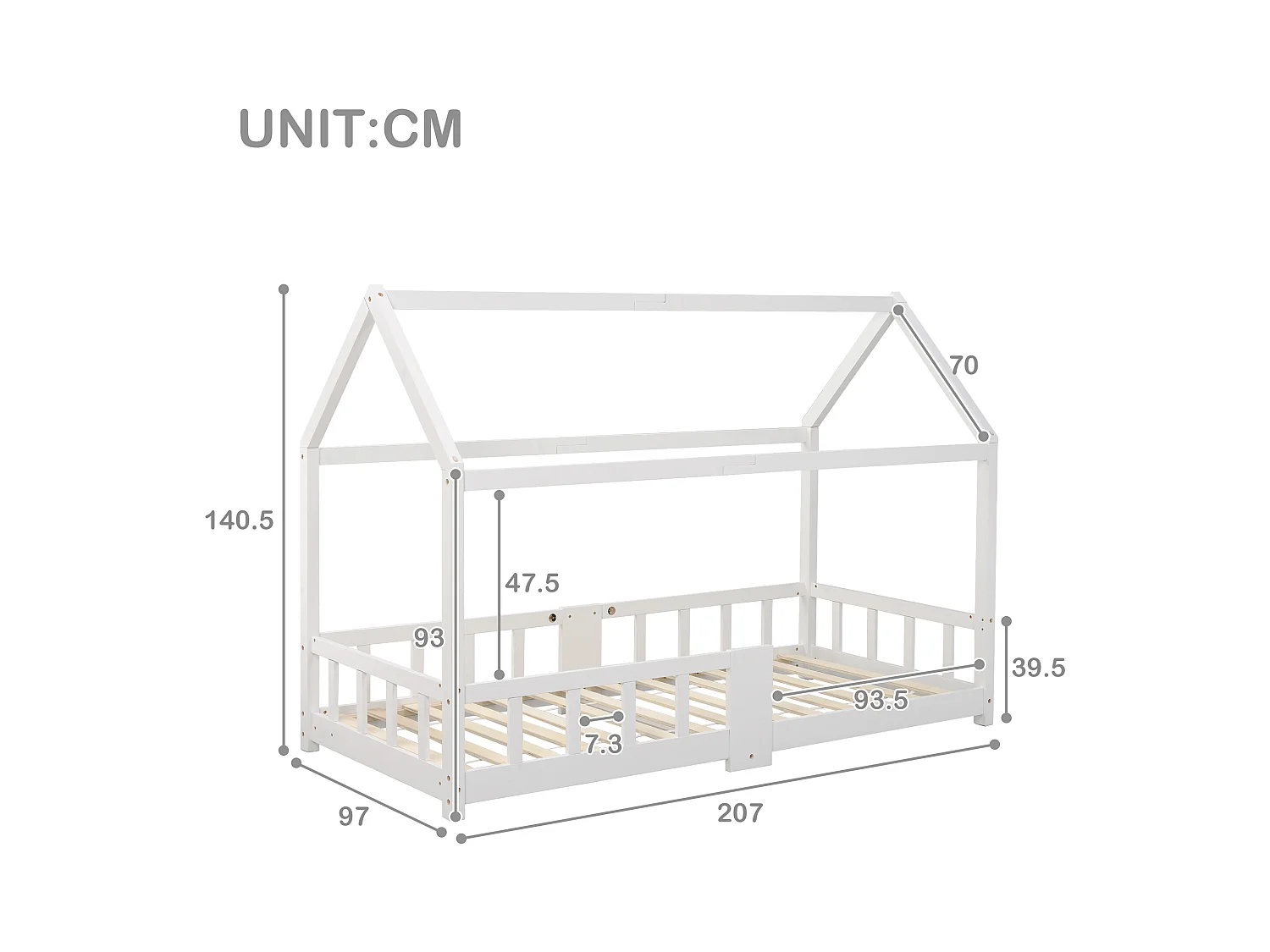 Lit enfant forme maison avec sommier à lattes et protection anti-chute, pin massif blanc, avec tableau effaçable (97x207x140.5cm)