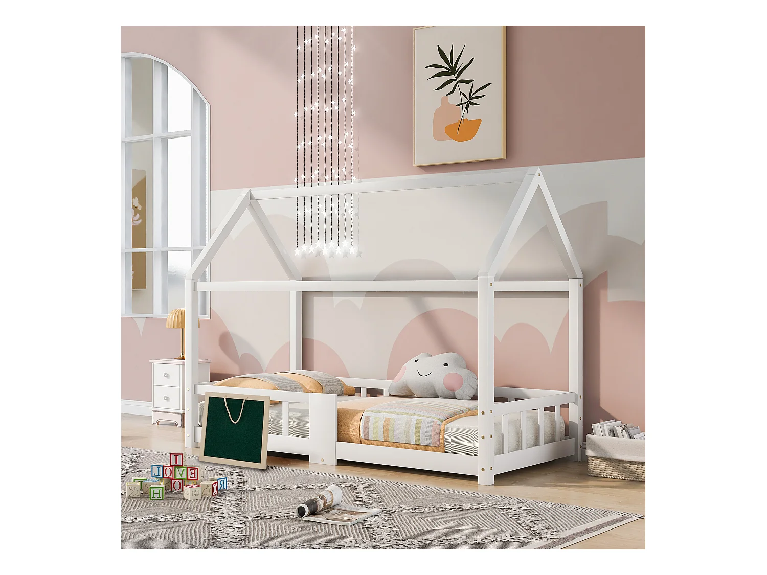 Lit enfant forme maison avec sommier à lattes et protection anti-chute, pin massif blanc, avec tableau effaçable (97x207x140.5cm)